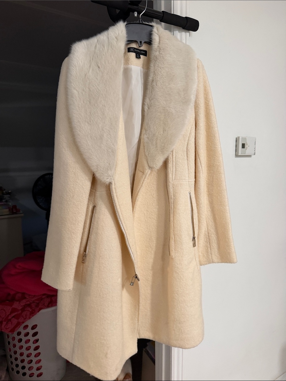 INC International Concepts Cream Wool-Blend Pea Coat with Faux Fur Shawl Collar